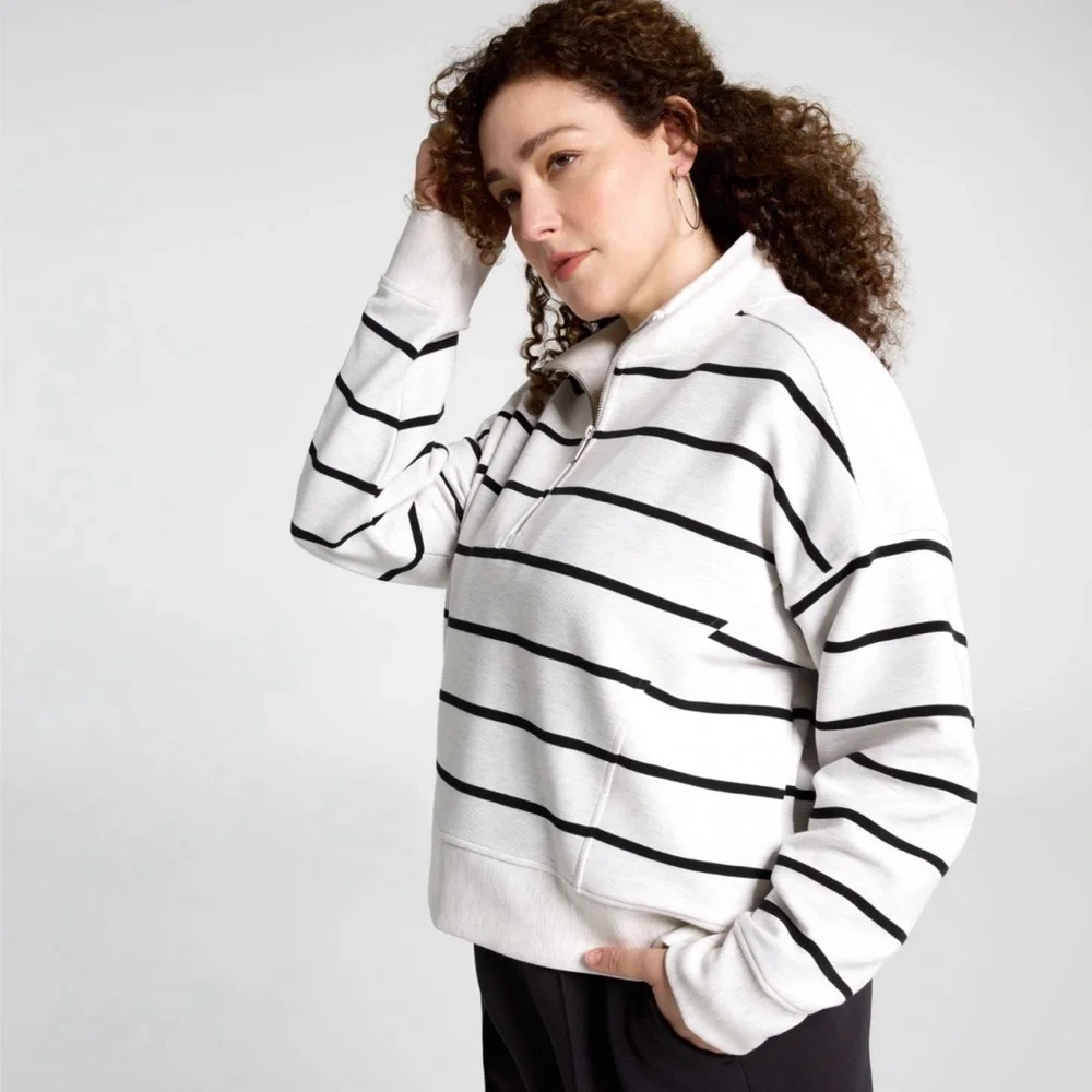 (NWT) CALIA Soft Scuba Ottoman Mock Neck 1/4 Zip in Cloud Cover Heather Stripe - Picture 9 of 16